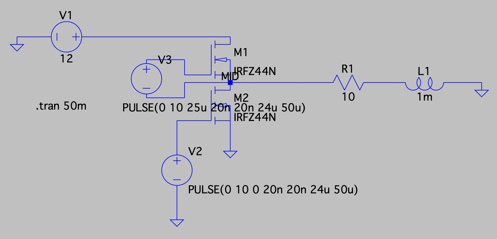 Half-bridge with dead-time-staggered PWM and RL motor model.